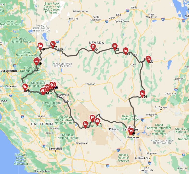 Map for Las Vegas Round Trip - Heading North -  Desert to Peaks